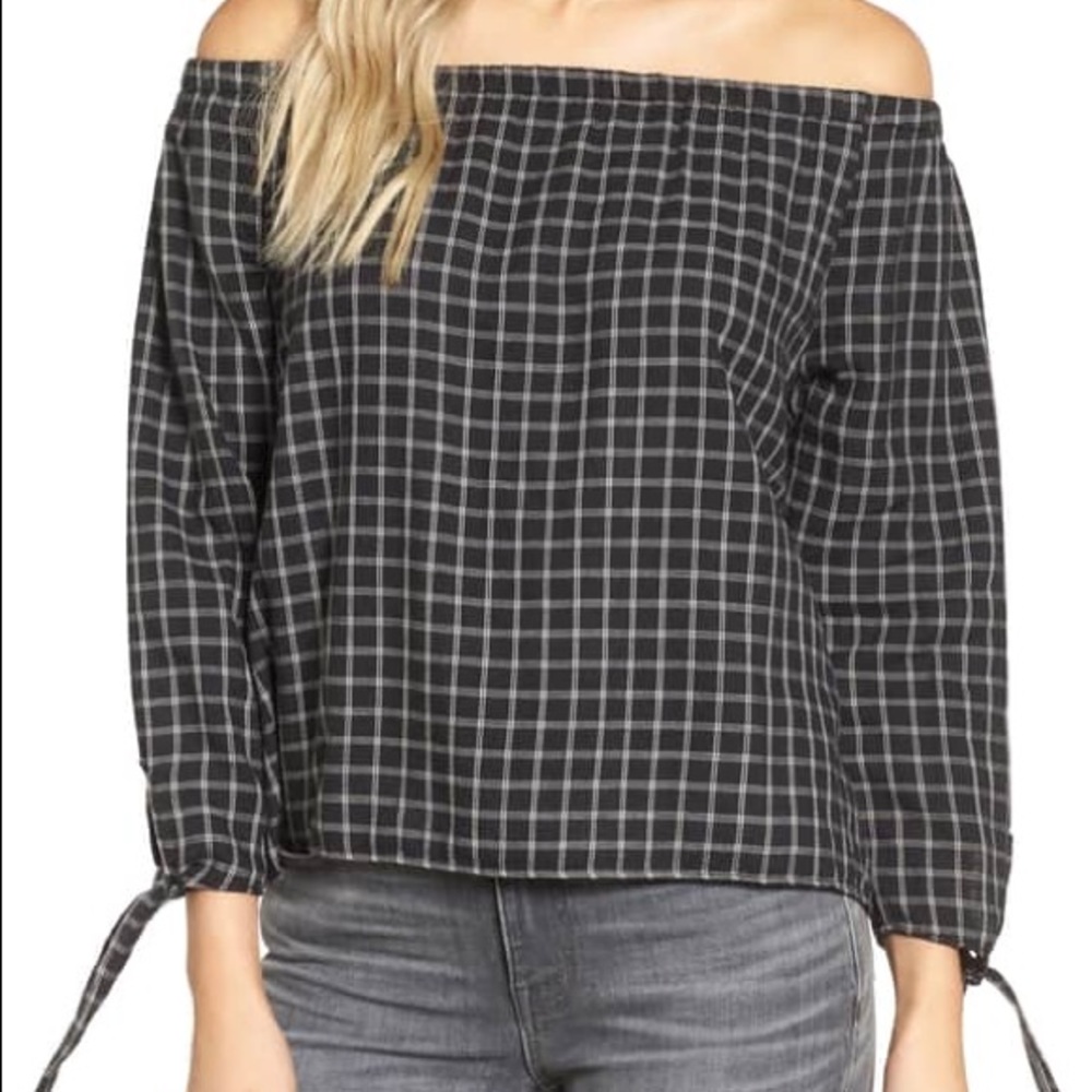 Madewell Plaid Off The Shoulder Top- Navy